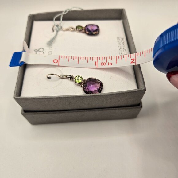 New 925 Sterling Silver Peridot Amethyst Earrings Dangle - Picture 4 of 5